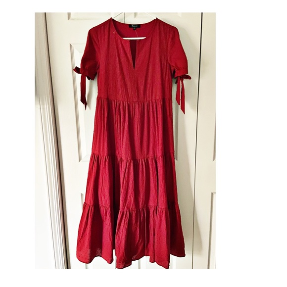 Women's Madewell Tie Sleeve Tiered Swiss Dot Midi Dress, Size XX-Small - Red